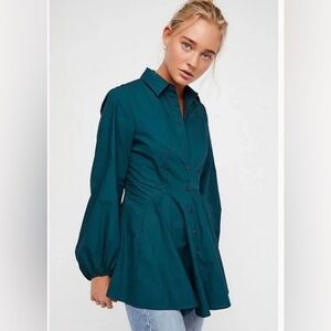 FREE PEOPLE Dark Teal Green All The Time Long Sleeve Tunic Peplum Blouse